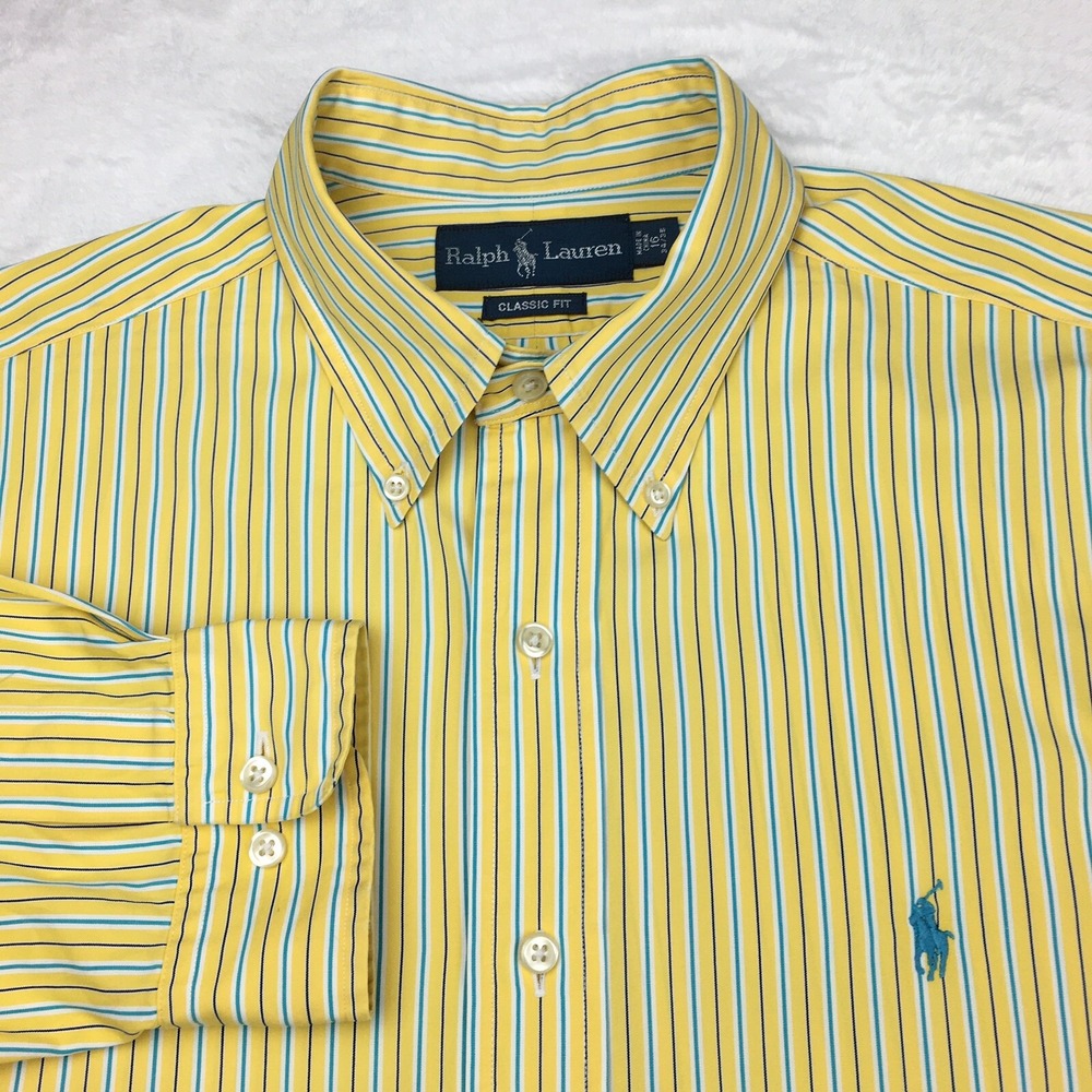 Ralph Lauren Shirt Mens 16-34/35 Yellow w/Green Pinstripes Classic Fit